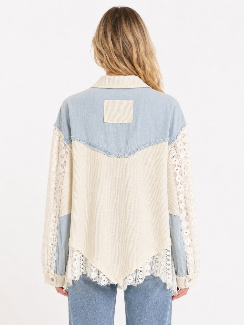 POL Mixed Media Denim Lace Waffle Knit Oversized Shacket Medium NWOT - Picture 2 of 6